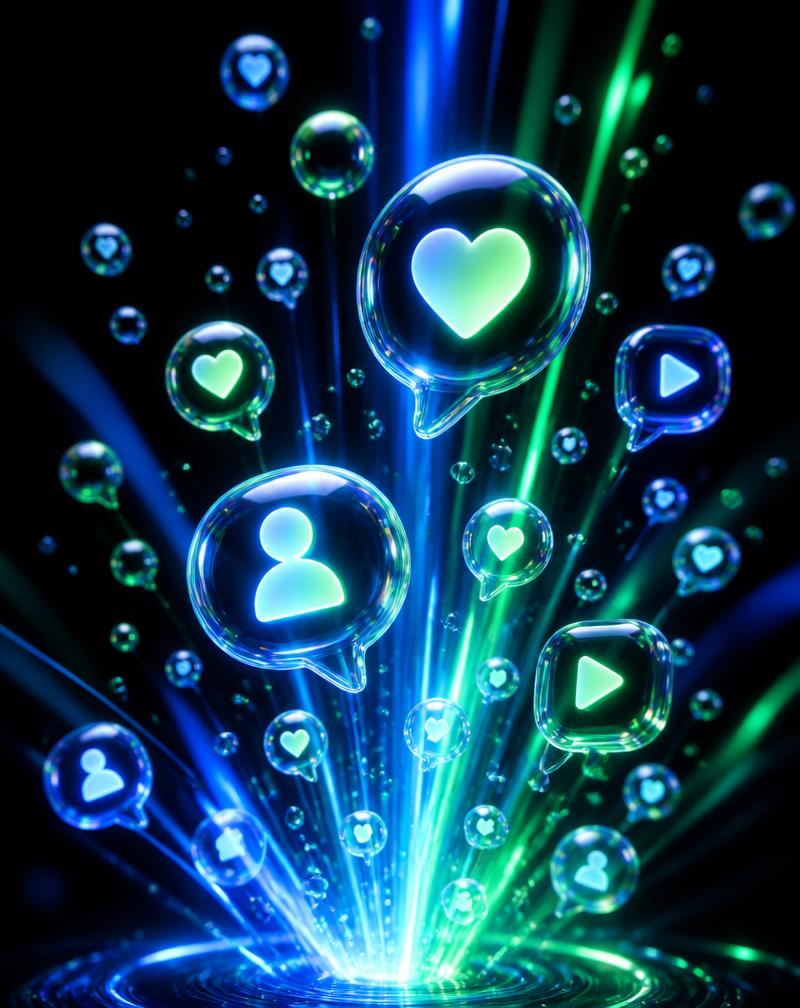 Explosion of social media notifications rising from a device